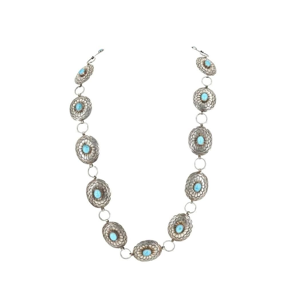 Belt Necklace Vintage Navajo Native Indian Oval Blue Turquoise Sterling Silver